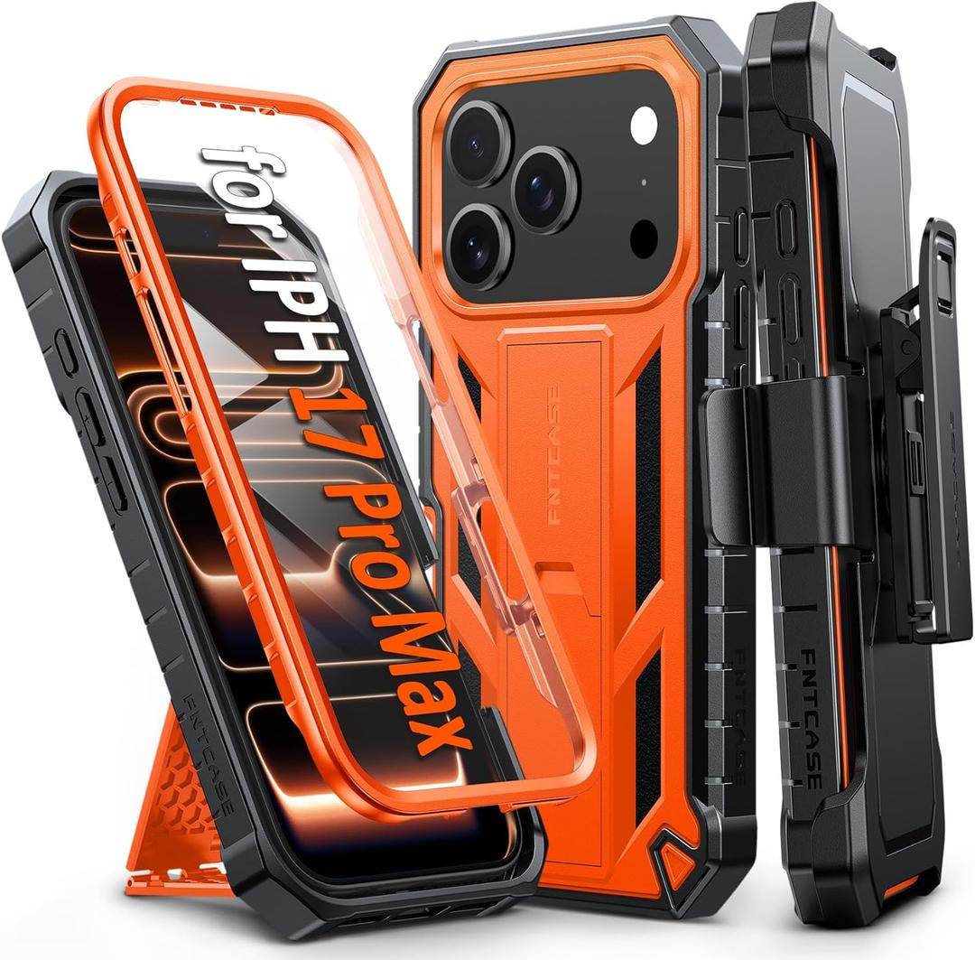 FNTCASE for iPhone 17 Pro-Max Case: Military Grade Rugged Phone Cover with Kickstand & Belt Clip Holster | Shockproof TPU Protection Bumper Matte Textured Design | Heavy Duty Protector Orange