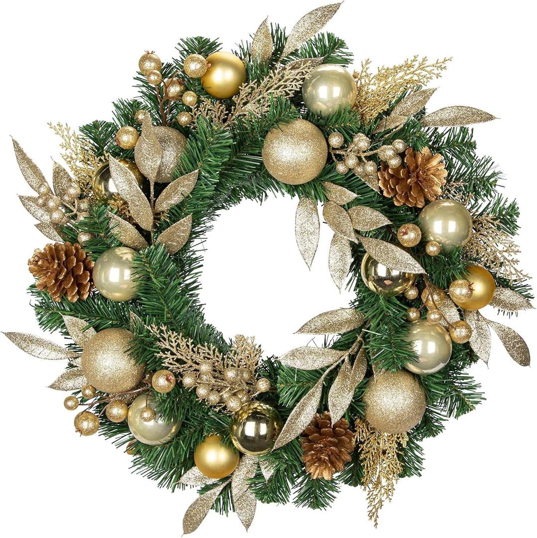 24 inch Christmas Door Wreath, Pine Wreaths for Front Door with Golden Ball Glittered Leaf Spray Stems Pinecones Berries Reef for Fireplace Xmas Decorations, Wall Window Indoor Outdoor Decor