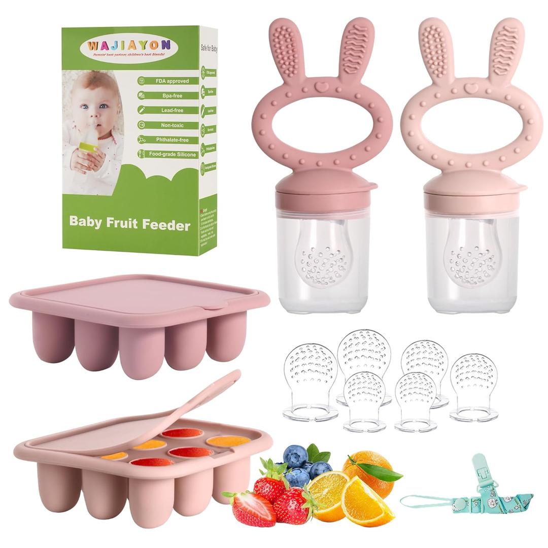 Baby Breastmilk Popsicle Molds & Baby Fruit Feeder (4 Pack), Infant Food Freezer Tray Storage Containers, Silicone Teething Pacifier Feeder and Teether for BabiesPink&Purple