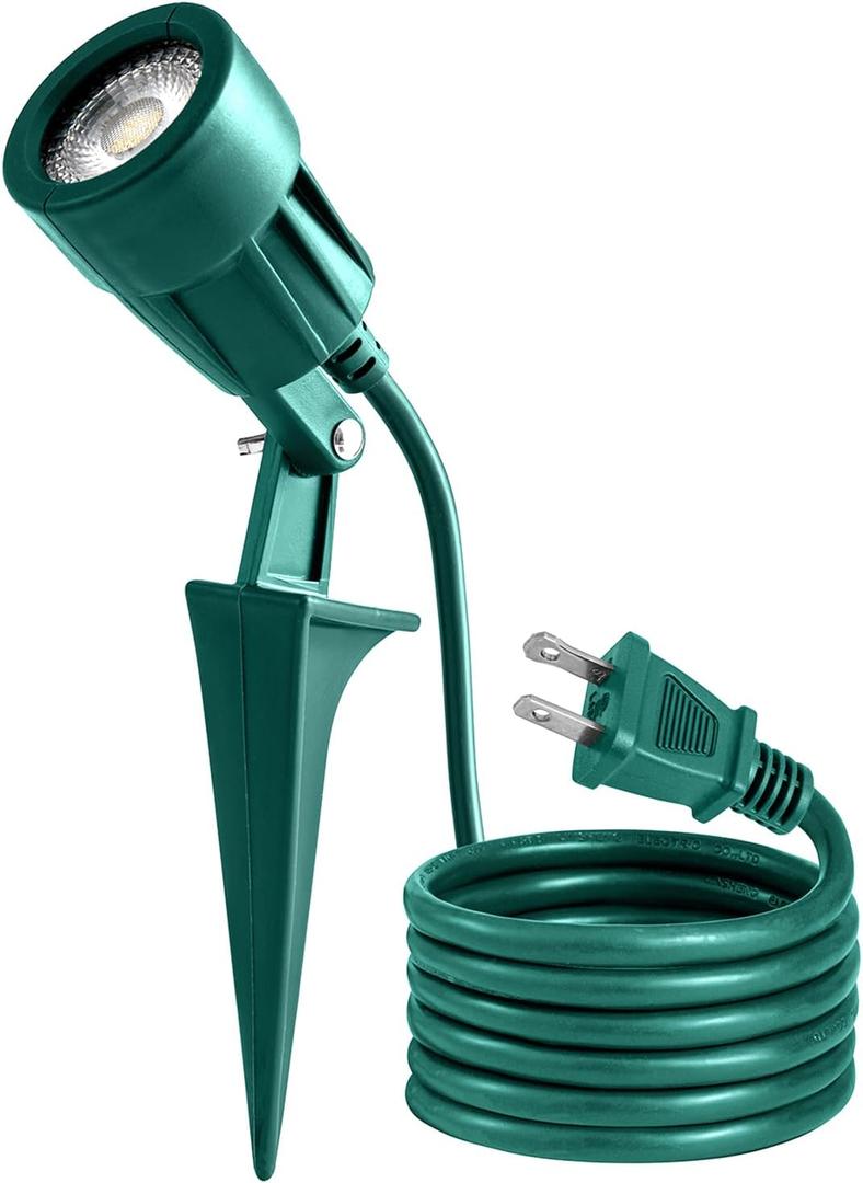 Outdoor Spotlight Plug in, Weather Resistant, Heavy Duty Stake, Landscape Light for Yard, Flag, Holiday Decor, 6FT Cord, 120V 300LM 5000K, Green, ETL Listed (1Pack)