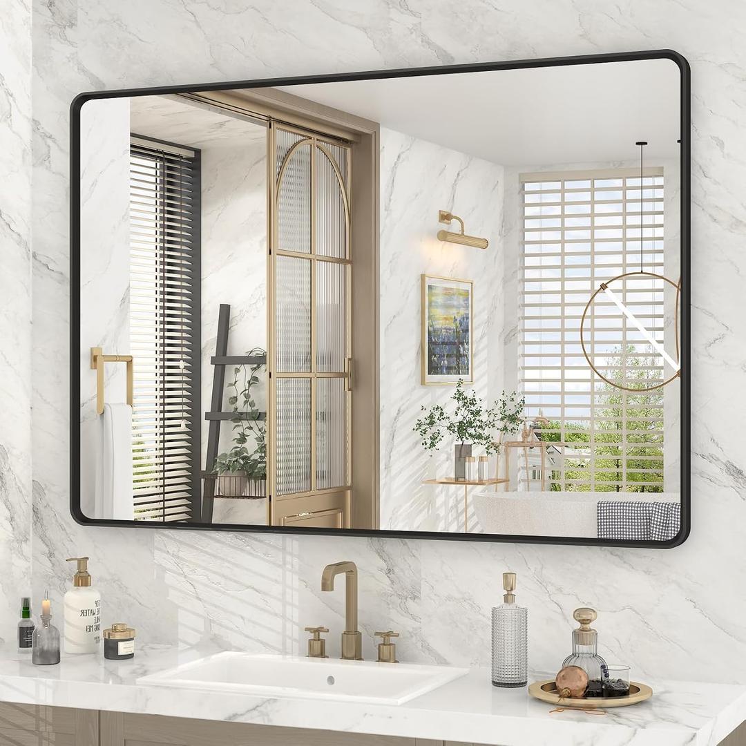 OKPAL 44X30 Inch Black Bathroom Mirror for Wall, Bathroom Vanity Frame Mirror, Matte Black Rectangle Mirror, Round Corner, Rustproof, Shatter-Proof (Horizontal/Vertical)
