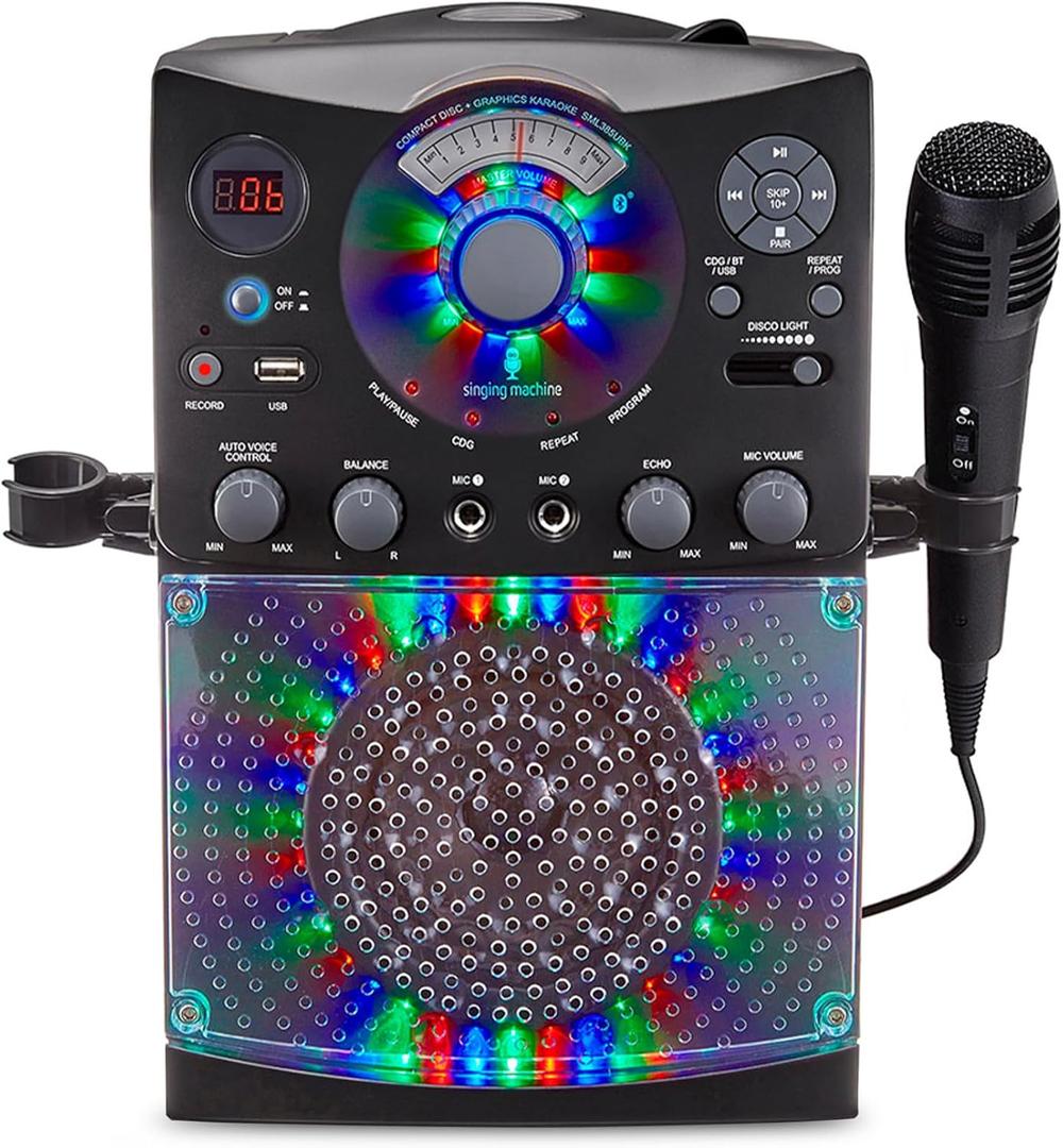 Singing Machine Karaoke Machine for Kids and Adults with Wired Microphone - Built-In Speaker with LED Disco Lights - Wireless Bluetooth, CD+G & USB Connectivity - Black