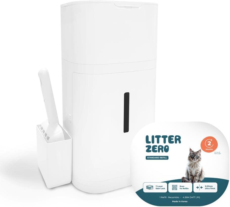 Litter Zero Premium Cat Litter Disposal System, White, Smart Waste Management Bin with Standard Refill, 7-Layer Odor Lock Technology, Made in Korea (1) (Base Set)