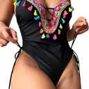OYOANGLE Women's Tassel One Piece Swimsuit Bathing Suit Plunge Neck Drawstring Side Ruched Swimwear (Large, Black)