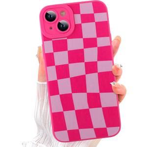 ZIYE for iPhone 14 Case Hot Pink Grids Plaid Checkerboard Pattern Phone Case with Camera Protection,Soft TPU Silicone Rubber Protective Cover Grid Checkered Chess Design Cases