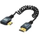 Thsucords 8K Left Angle Mini HDMI to HDMI Coiled Cable 3FT, 90 Degree HDMI to Mini HDMI Male to Male Spiral Cord, Support 8K@60Hz 4K@120Hz 48Gbps for Nikon,DSLR, Camcorder, Laptop, Tablet
