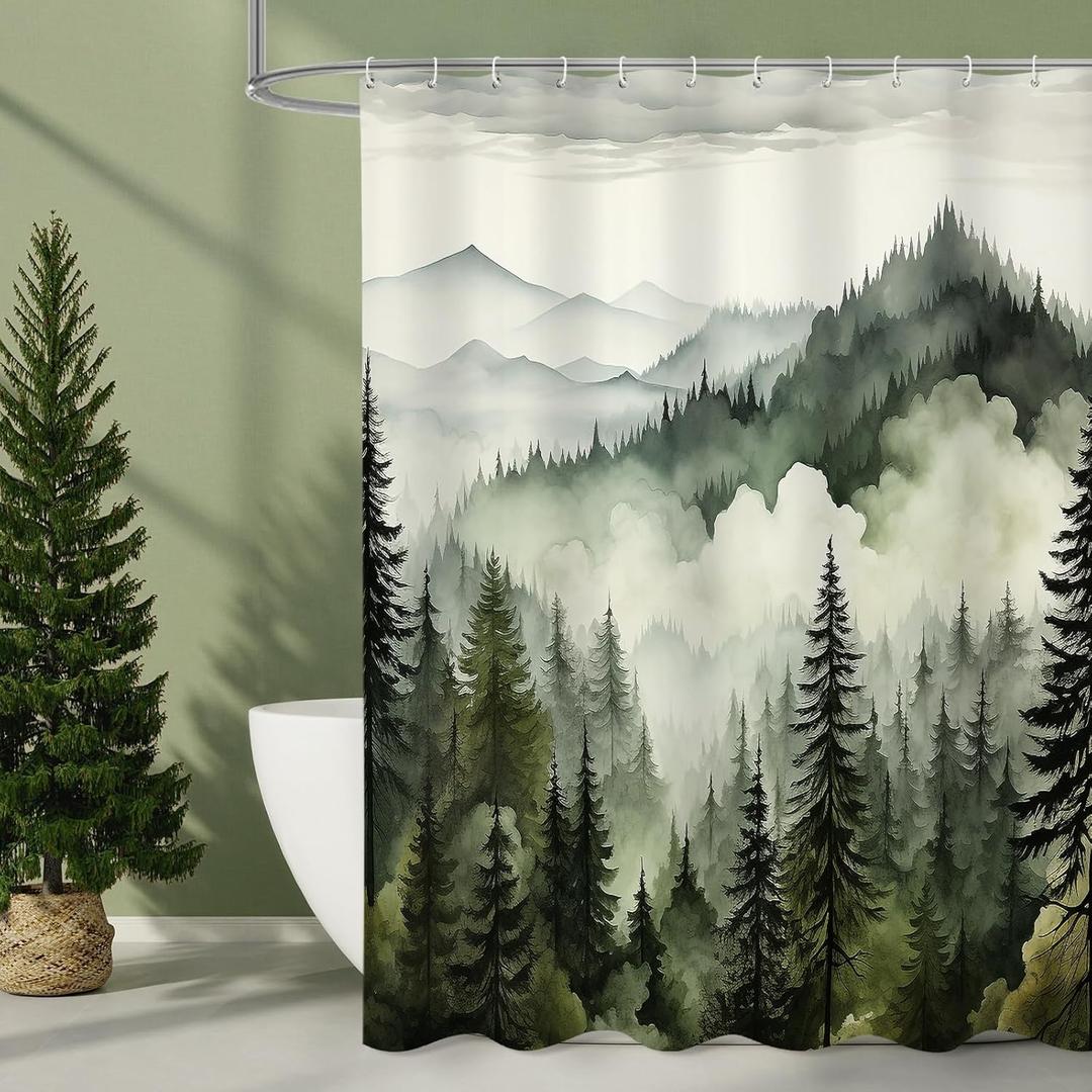 Litabel Dark Green Misty Pine Forest Shower Curtain, Mountain Foggy Woodland Scenery Tree Shower Curtains for Chic Rustic Bathroom, Abstract Modern Waterproof Nature-Themed Decor, 72x72 Inches