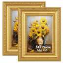 Splinterix 5x7 Gold Picture Frames Set of 2, Ornate Vintage 5 x 7 Photo Frames for Wall Decor or Tabletop Display,5 x 7 Gold Frame with Real Glass, Display 4x6 Pictures with Mat or 5x7 without Mat for Antique Déco