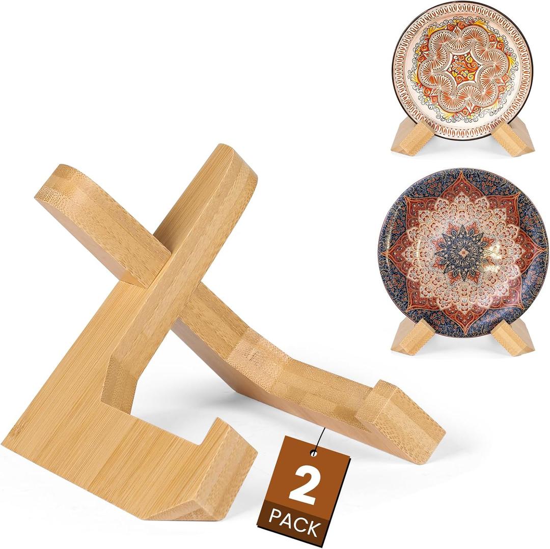 Plate Stand, Bowl Stands for Display, Bamboo Wooden Display Stand Easel Frame Holder for Large Deep Bowls Platters and Dishes (Yellow, 4.5 Inch)