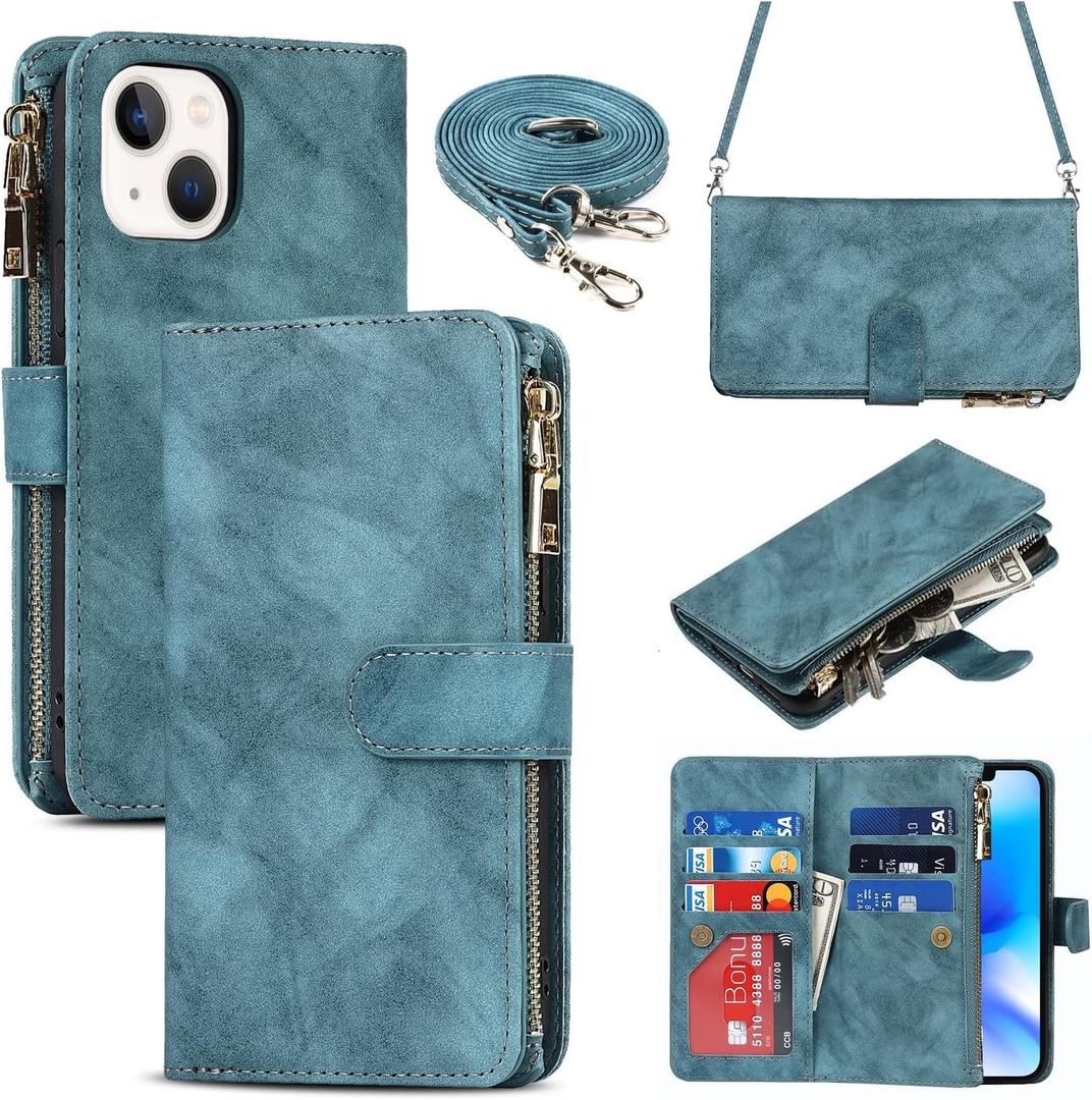 iCoverCase Compatible with iPhone 14 Crossbody Case with Strap for Women, Wallet Phone Case with Card Holder, Zipper Purse PU Leather Flip Cover Case 6.1 Inch (Blue) (Not Detachable (Long Strap)--Blue)