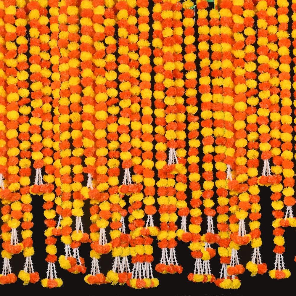5 feet Marigold Garland |Indian/American Wedding Party Mantle Decoration, Faux Garlands Wedding Garland, Diwali Decoration, Spring Bush Floral! (Lemon Yellow & Dark Orange Mix, 5)