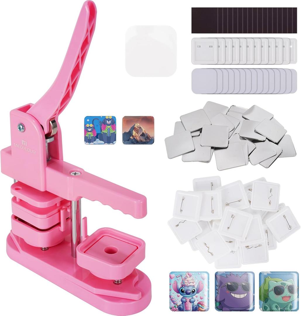MECOLOUR Square Button Maker Machine with 50 Sets of Button Supplies&50 Sets of Fridge Magnet Maker Supplies,2*2 inch(50*50mm) Pin Maker Machine for DIY Personalized Buttons Children DIY Gift(Pink)