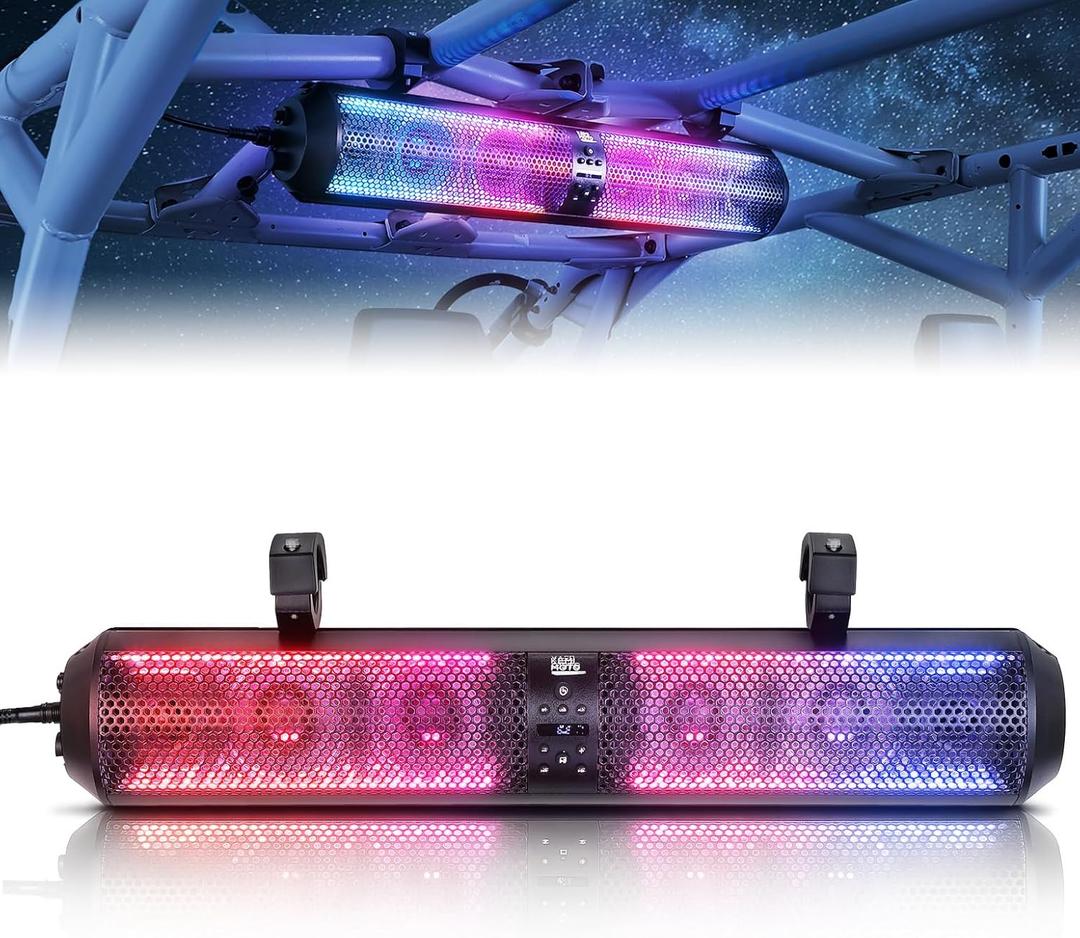 KEMIMOTO UTV Sound Bar 28 Inch ATV Soundbar 4X Subwoofers LED Party Lights Bluetooth Golf Cart Sound Bar 2X Tweeters Compatible with Polaris RZR Can-Am X3 Defender CFMOTO for 1.56"- 2.25" Roll Cage