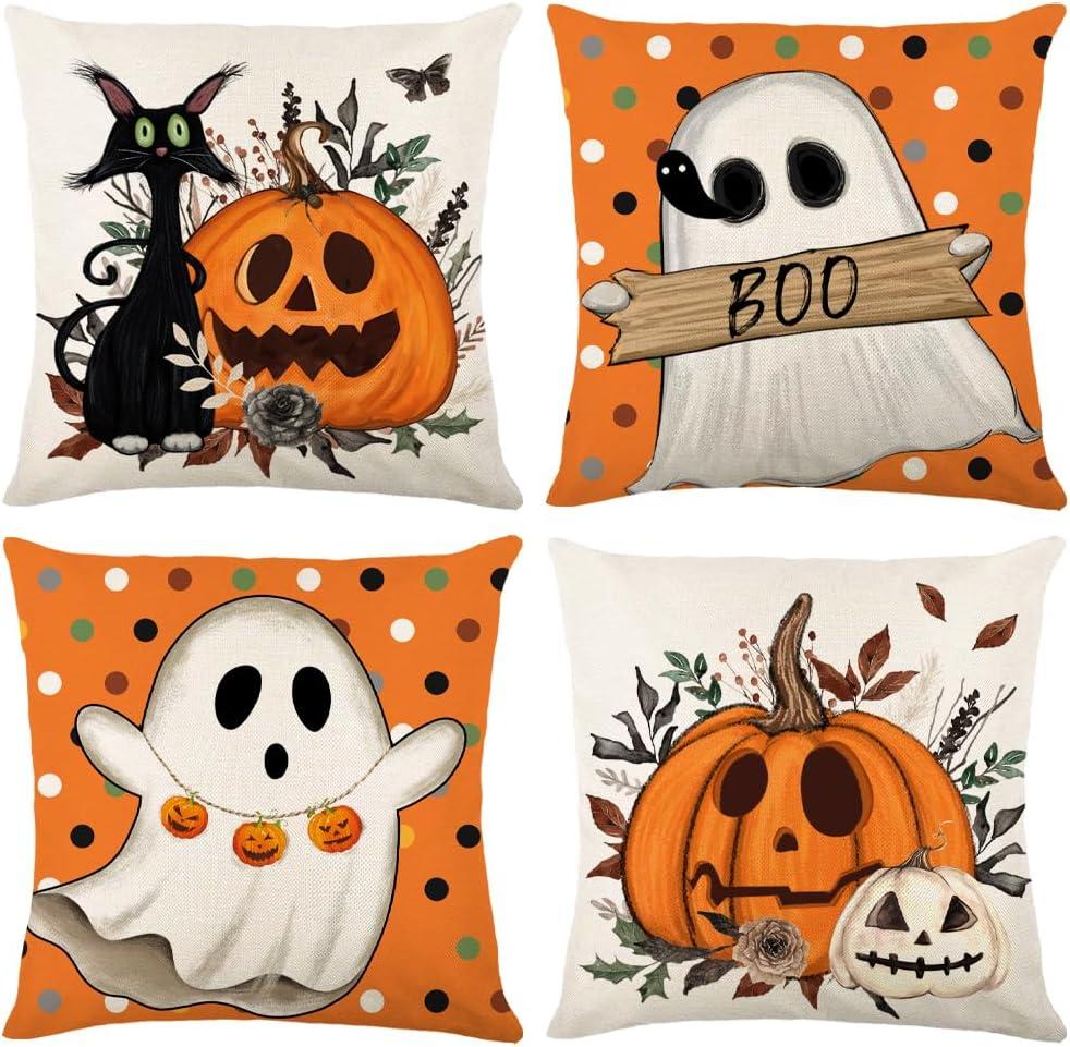 Halloween Pillow Covers 16 x 16 Inch Set of 4 Orange Polka Dots Pumpkins Boo Black Cat Ghost Throw Pillow Covers Indoor Outdoor Decorative Pillow Case for Sofa Couch Bed Living Room Decor
