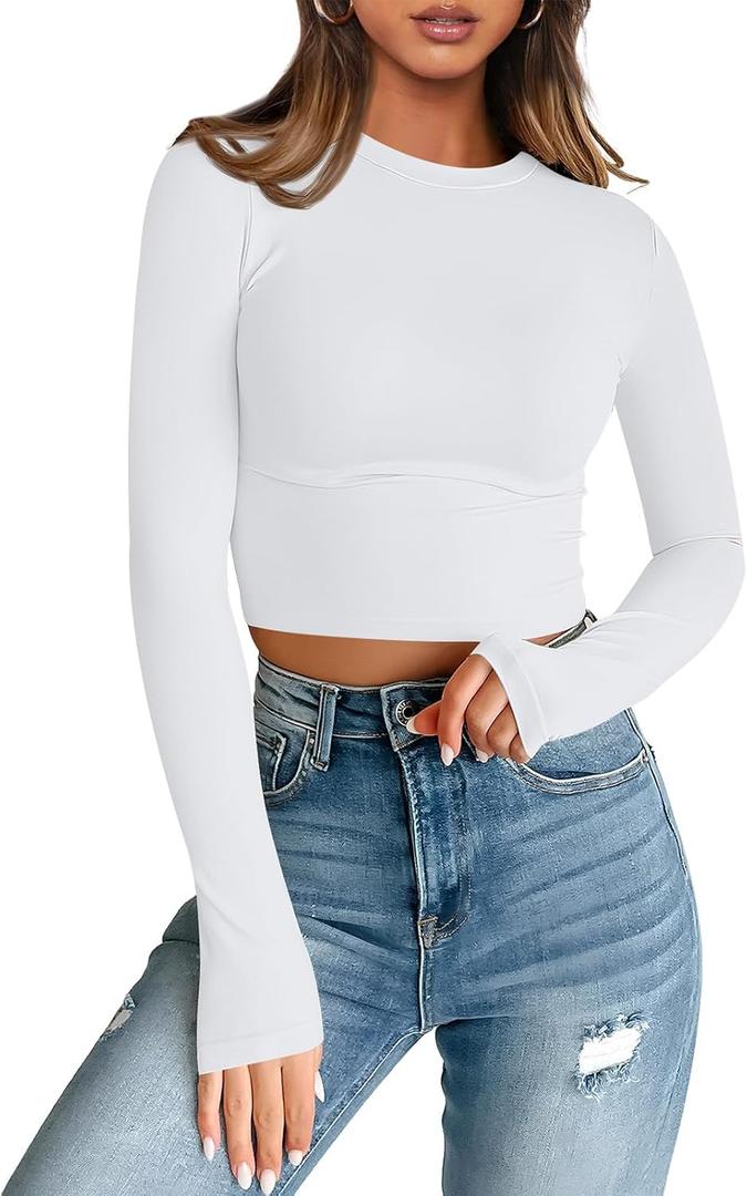 Trendy Queen Womens Long Sleeve Crop Tops Basic Slim Fitted Shirts Fashion 2025 Going Out Y2k Tops Teen Girl Clothes (X-Large, White)