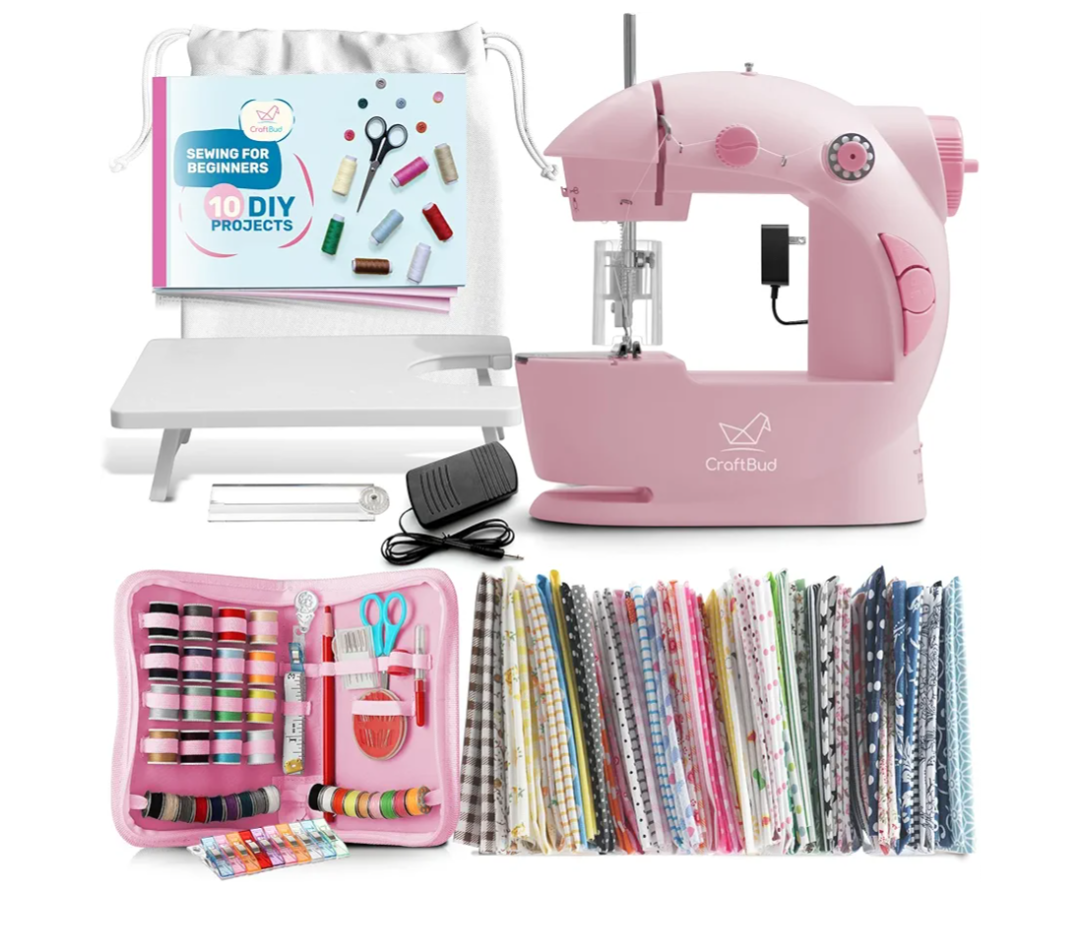 CraftBud Mini Sewing Machine for Beginners, Dual Speed Small Portable Sewing Machine for Kids and Adults with Extension Table, 122 Piece Gift Set Includes, Fabrics, Projects Book, Light and More, Pink