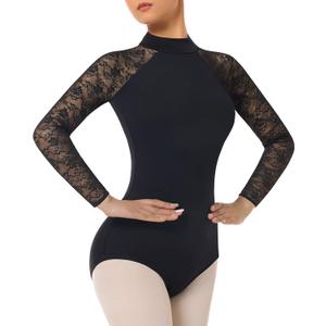 Women's Turtleneck Dance Ballet Leotard With Durable Lace,Water-drop Hollow Back (Medium, Long Sleeve Black)
