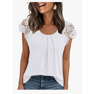 AUTOMET Womens Lace Tops Pleated Short Sleeve Shirts Summer Business Casual Dressy Blouses, White, Size M