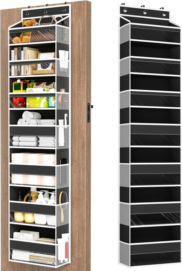 Mefirt Over The Door Organizer, 7 Tier Door Hanging Organizers with 7 Large Pockets 12 Side Pockets, Behind Door Storage Hanging Shelves for Closet Bathroom Bedroom Nursery (Black)