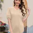 Puff Sleeve Tops for Women V Neck T Shirts Summer Business Casual Tops Loose Fit Dressy Casual Blouses (M)