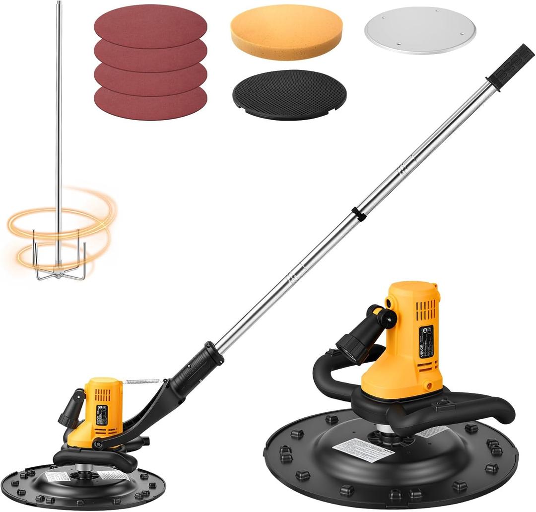 VEVOR Electric Power Trowel, 800W Concrete Finishing Machine Corded with Mixing Rod, 6-Speed Adjustable 120–200 RPM, Steel & Plastic Trowel Discs, Extension Handle, Floor Smoothing Cement Finisher