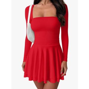 OQQ Long Sleeve Mini Dress Women Cocktail Ruched Waist Ruffle Corset Party A-line Dresses.L