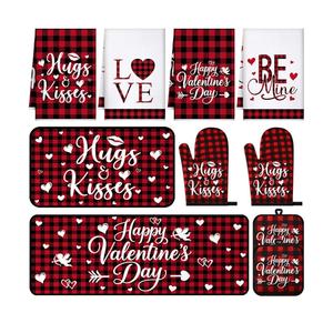 VitalCozy 10 Pcs Valentine's Day Buffalo Plaid Kitchen Decor Set Oven Mitts and Pot Holders Heart Kitchen Towels and Rugs for Chef Baking Cooking Grilling BBQ Gift