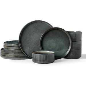Famiware Star Dinnerware Set, Plates and Bowls Sets for 4 (12pcs), Ribbed Stoneware Dishes - Chip & Scratch Resistant, Microwave & Dishwasher Safe, Deep Forest