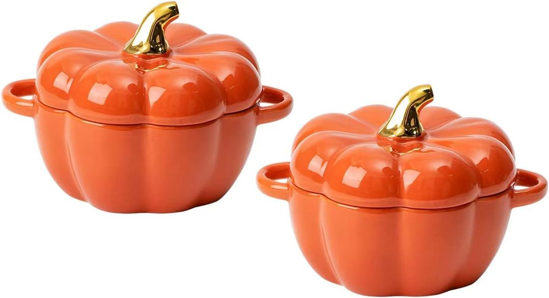 Pumpkin Bowl Set with Lid and Handle, Set of 2 Ceramic Ramekins for Baking, Casserole Dish Individual Severing Pot, Stoneware, Oven Safe, 14 Oz (Orange)