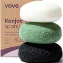 Vove Organic Konjac Facial Sponges 3-Pack - Natural Face Exfoliating Sponges with Bamboo Charcoal & Green Clay, Gentle Cleansing for All Skin Types, Natural Vegan Skincare, Certified Organic