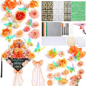 Knitgrip Graduation Cap with Decoration Kit 2026, DIY Grad Cap Topper Kit with Hat, Faux Floral, Glitter Cards, 3D Butterfly, Ribbon Bow, Rhinestone Alphabet Stickers, Paint Marker, Glue Gun(Orange)