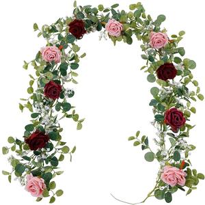 Anna's Whimsy 2PCS 5.91FT Artificial Eucalyptus Garland with Flowers, Fake Rose Gypsophila Garlands, Faux Floral Greenery Garland for Wedding Spring Home Party Table Runner DecorDusty Pink