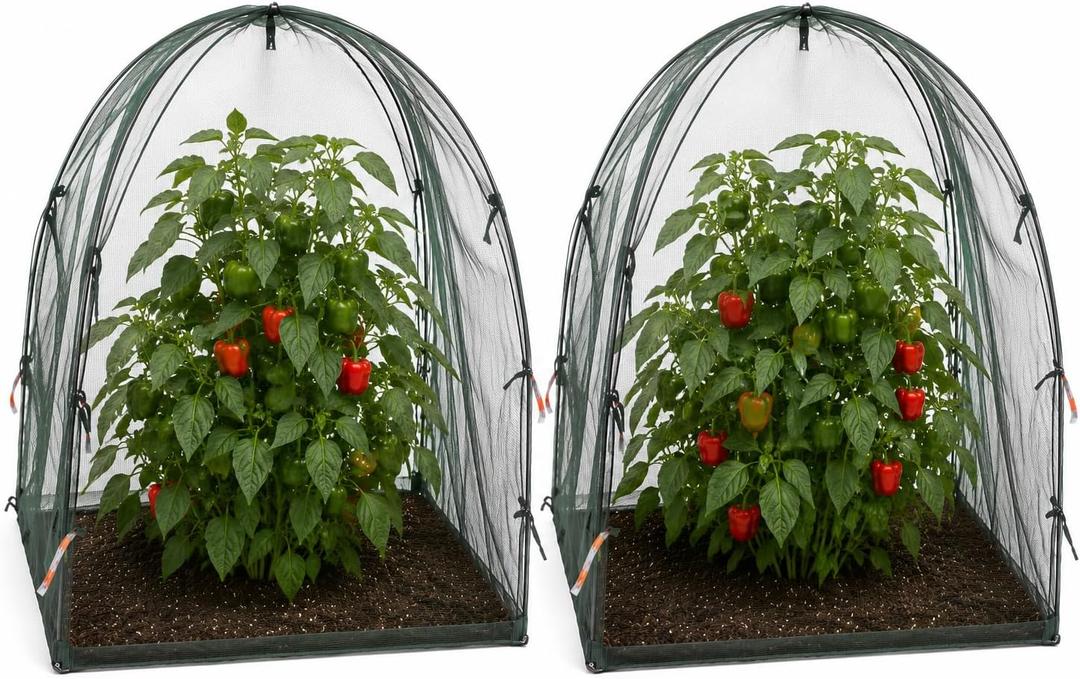NuVue Products 25202 Pop-Up Garden Netting Animal and Bug Guard Covers with Ground Spikes, Mesh Plant Cover Tents for Pest and Animal Control, Pack of 2,Green, 28" x 28" x 30"
