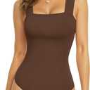 MANGOPOP Tank Top Bodysuit for Women Square Neck Sleeveless Backless Body Suits Going Out Tops (Medium, Coffee)