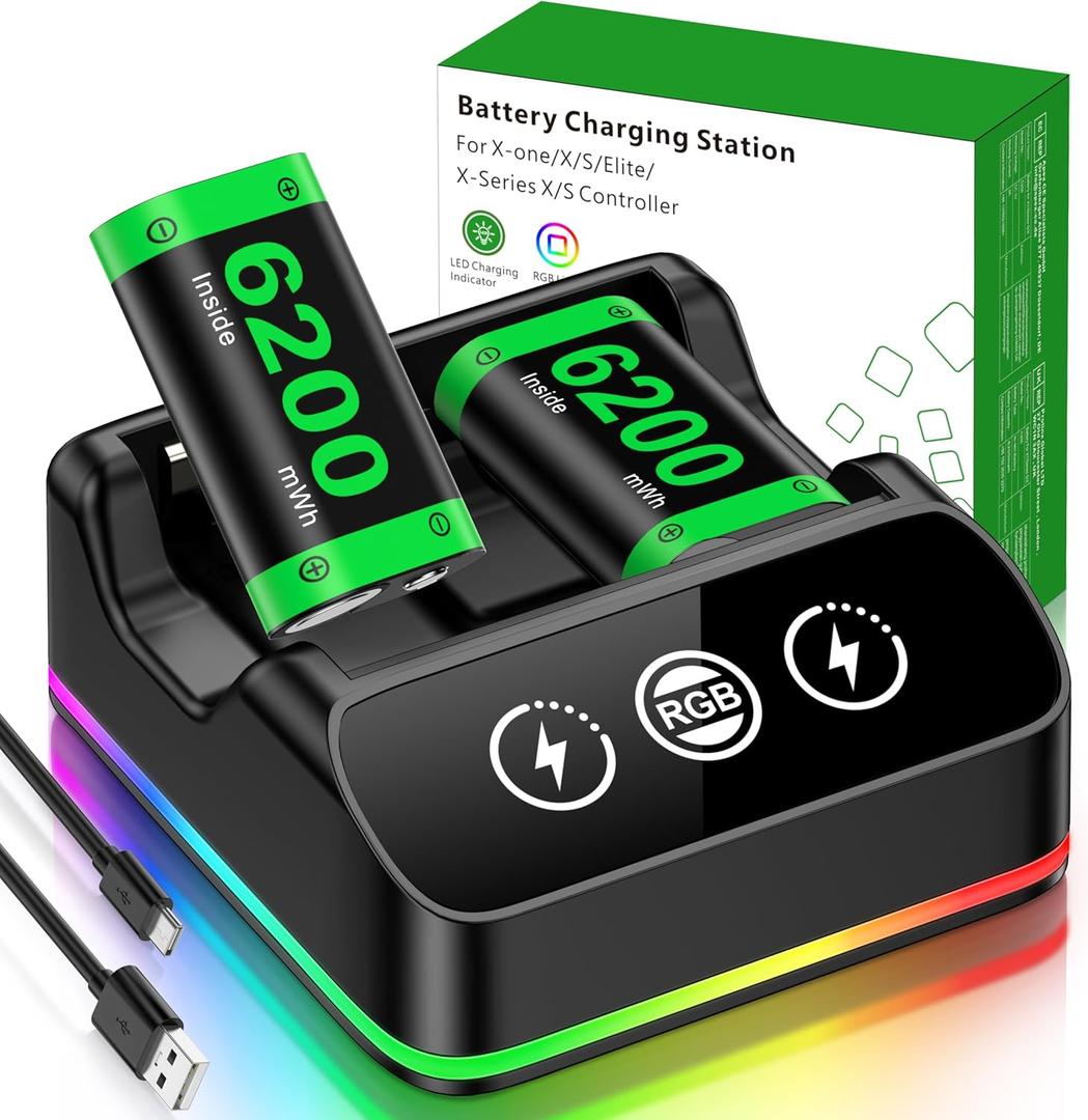 DINOSTRIKE 2X 6200mWh Controller Battery Pack Rechargeable Compatible with Xbox One【RGB Charging Station】【Extended USB C Cable】 Rechargeable Battery for Xbox Series S/ X