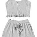 Avanova Women Sexy 2 Piece Pajama Set Ruffle Trim Cami Top and Shorts Sleepwear Set (Gray, XXL)
