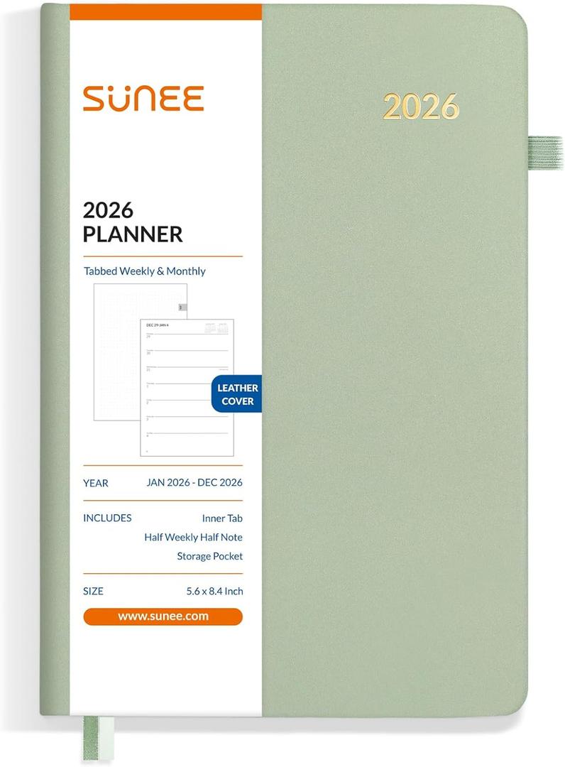 SUNEE 2026 Weekly and Monthly Planner 5.5" x 8.3" (January 2026-December 2026), Half Weekly Half Note, Small Yearly Calendar Planner, Leather Hardcover, 100 GSM Paper, Notes, Inner Pocket, Green