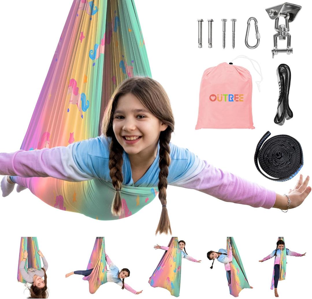 OUTREE Sensory Swing for Kids, Double Layer Therapy Hammock, Indoor Swing with 360 Swivel Hanger Kit and Adjustable Straps, Autism Sensory Product for Autism, ADHD (Unicorn Printed) (Light Pink)