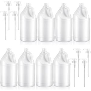 Hoolerry 8 Packs 1 Gallon Plastic Jug with Lids BPA Free Reusable Round Clear Plastic Jug with Cap Heavy Duty HDPE Containers with Pump Dispenser for Sauces Soaps Detergents Liquids(Transparent)
