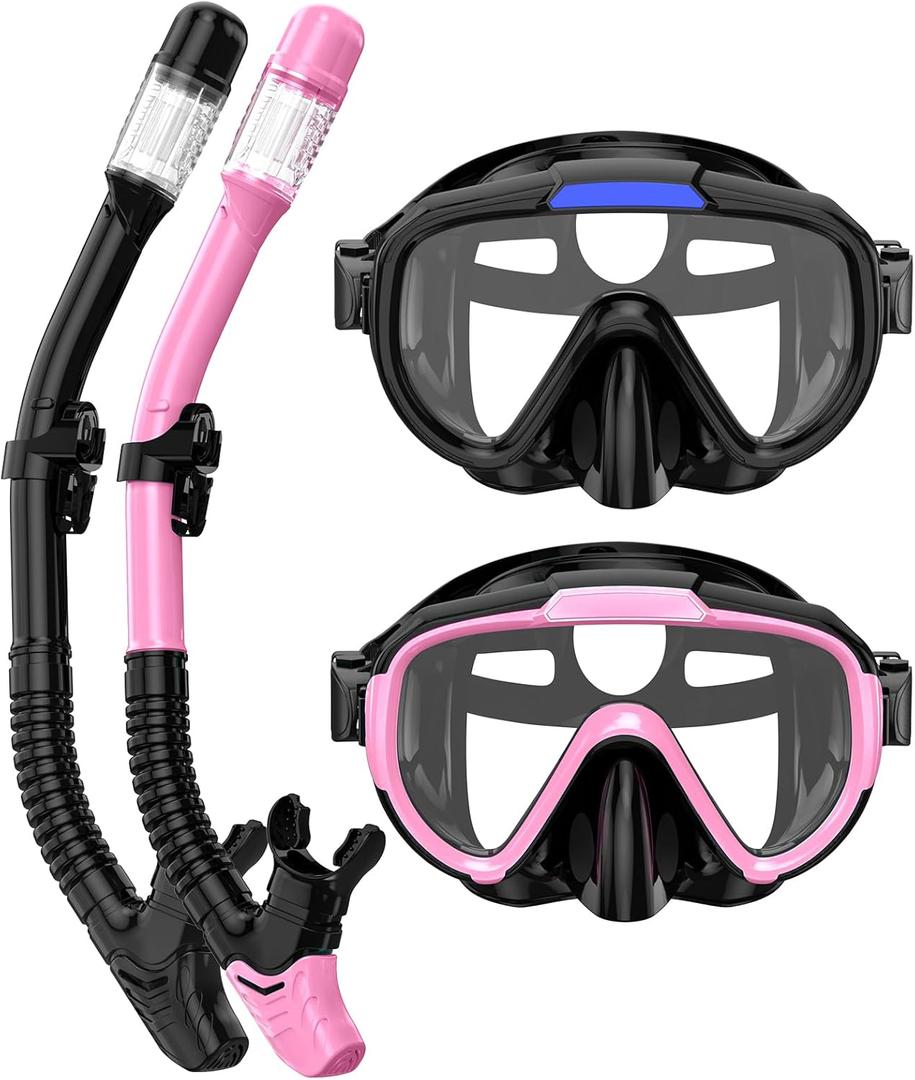 Snorkel Set Adults Snorkeling Gear Anti-Fog Panoramic View Swim Mask Dry Top Snorkel Kit with Carry Bag for Snorkeling Scuba Diving Swimming Travel (Z-Black/ Pink Black)