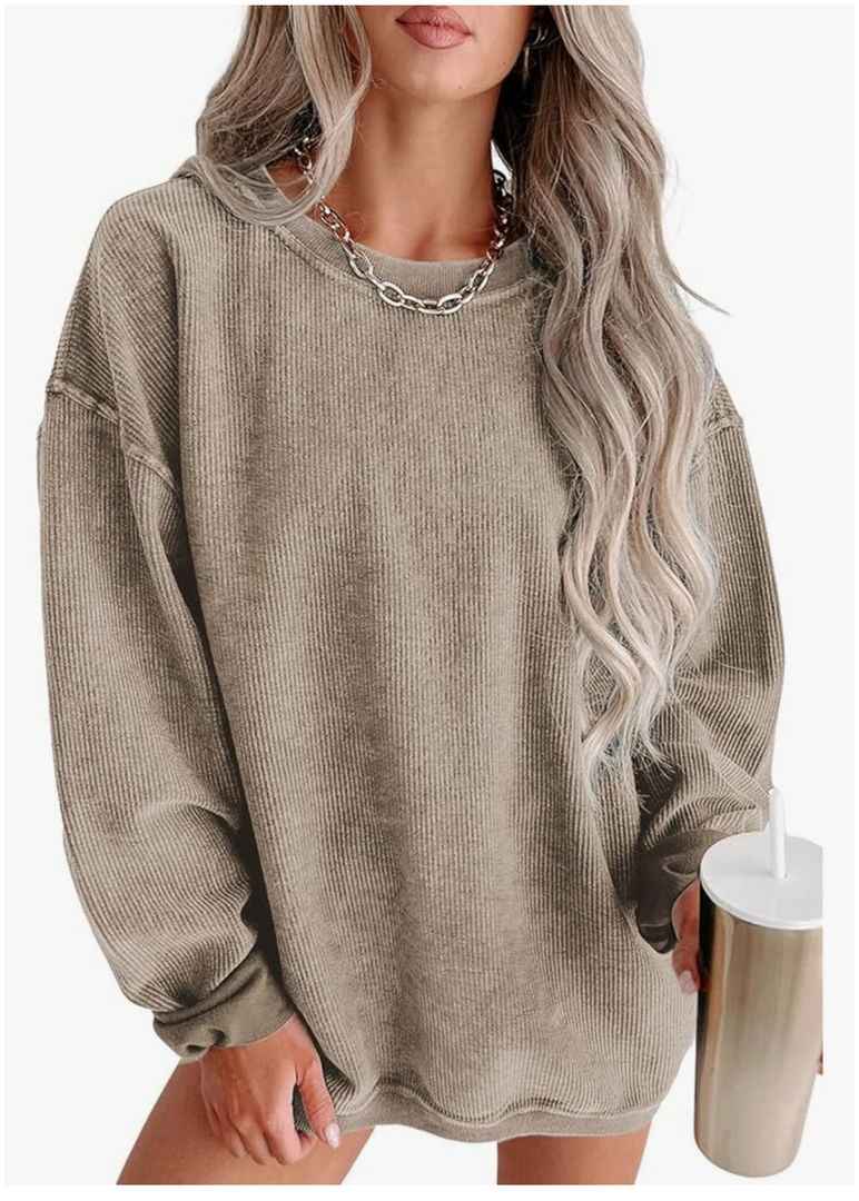 SELINK Womens Crewneck Oversized Corduroy Corded Sweatshirt Long Sleeve Casual Pullover Tops S