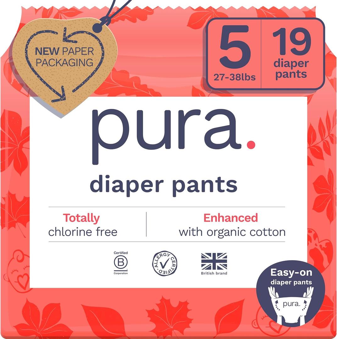 Pura Hypoallergenic Diaper Pants Size 5 (27-38 lbs) Overnight, up to 12 Hours Leak Protection, Suitable for Sensitive Skin, Totally Chlorine Free, Soft Organic Cotton, 1 Pack of 19 Pull Up Pants