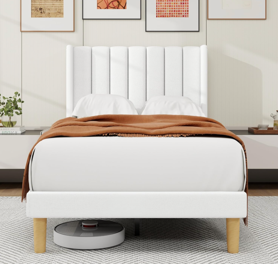 alazyhome Platform Bed Frame Twin Size with Upholstered Headboard, Solid Wood Slats Support, No Box Spring Needed, Noise Free, Easy Assembly, Modern Fabric Bed, White