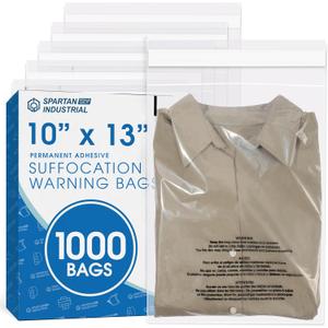 Spartan Industrial - 10" X 13" (1000 Count) Self Seal Clear Poly Bags with Suffocation Warning for Packaging, T Shirts & Shipping - Permanent Adhesive
