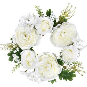 Lvydec 2 Pack Artificial Peony Flower Wreath - 11" Floral Wreath with Pink Peony and White Rose Spring Wreath for Front Door, Wedding, Wall, Home Decor(White)