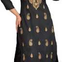 JG JAI GOVINDAM Indian Hand Embroidered Kurti for Women Chikankari Straight Cotton Long Kurti's Tunic Kurta Dreses for Women (US, Alpha, Small, Regular, Regular, Black Gold)