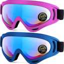 2-Pack Snow Ski Goggles, Snowboard Goggles for Men, Women, Youth, Kids, Boys or Girls (07.blue Frame With Multicolor Lens + Pink Frame With Multicolor Lens)