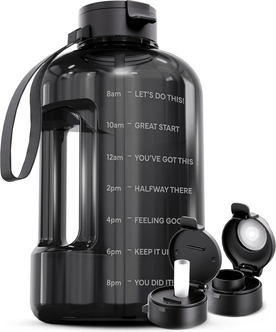 AQUAFIT 128 oz Water Bottle with Time Marker - Straw & Chug Lid - BPA Free 1 Gallon Gym Water Bottle with Handle - Big Gallon Jug (Gray, 128 Ounces)