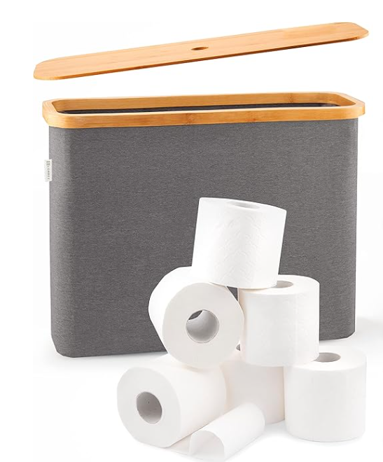 LONBET Toilet Paper Storage for 12 Rolls, Stackable & Foldable - The Ultimate Bathroom Organizer - Waterproof Basket with Bamboo Lid - Elegant Toilet Paper Storage Holder, Light Gray