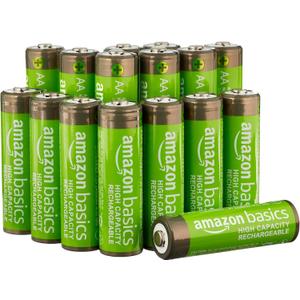Amazon Basics 16-Pack Rechargeable AA NiMH High-Capacity Batteries, 2400 mAh, 1.2V, Low Self Discharge, Pre-Charged, Recharge up to 400x Times